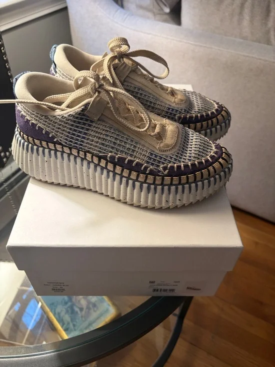 Chloé Cosmic Blue Woven-Trim Sneakers - Cream with Blue Stitching - Picture 3 of 5